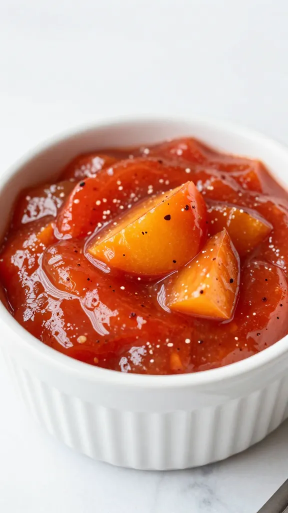 ramekin of tomato-peach glaze with visible chili flecks