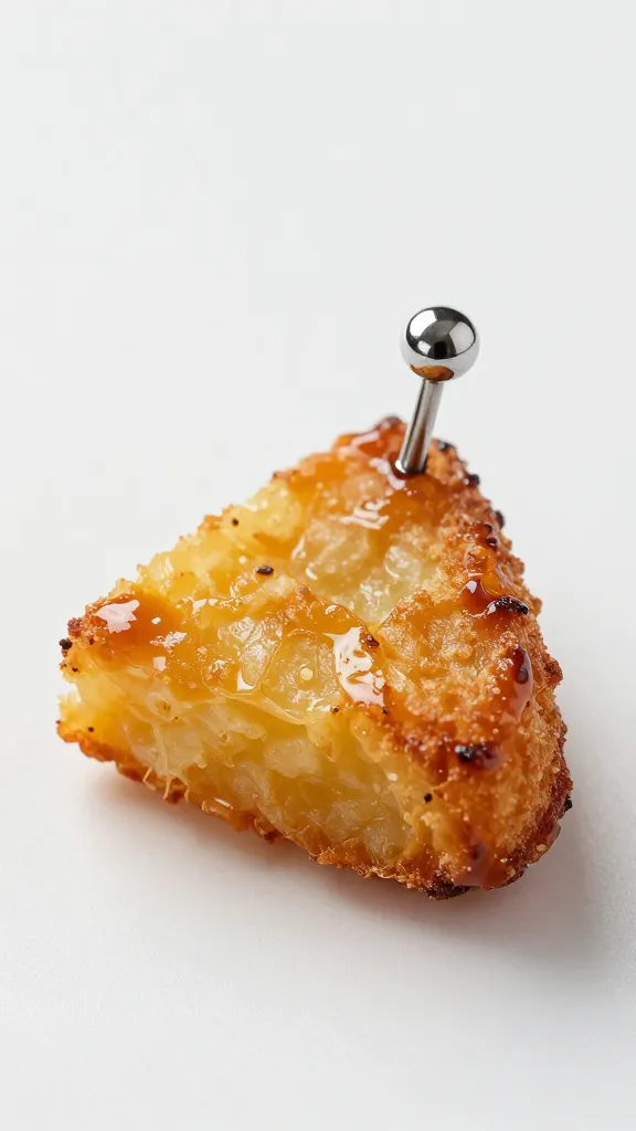 fork piercing glazed hash brown corner, shallow depth