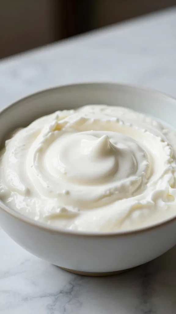 closeup bowl of vanilla-bean yogurt dip, marble counter