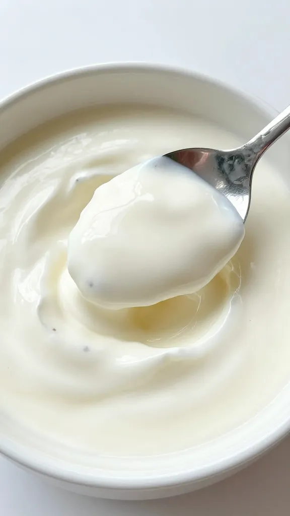spoon dipping into silky vanilla yogurt, visible bean specks