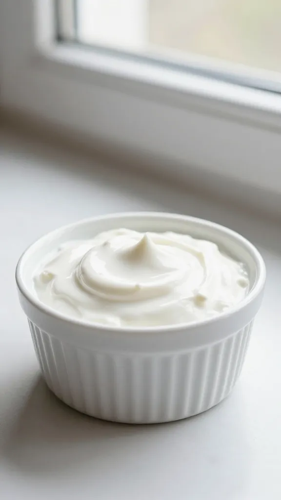 white ramekin of Greek yogurt dip, soft window light