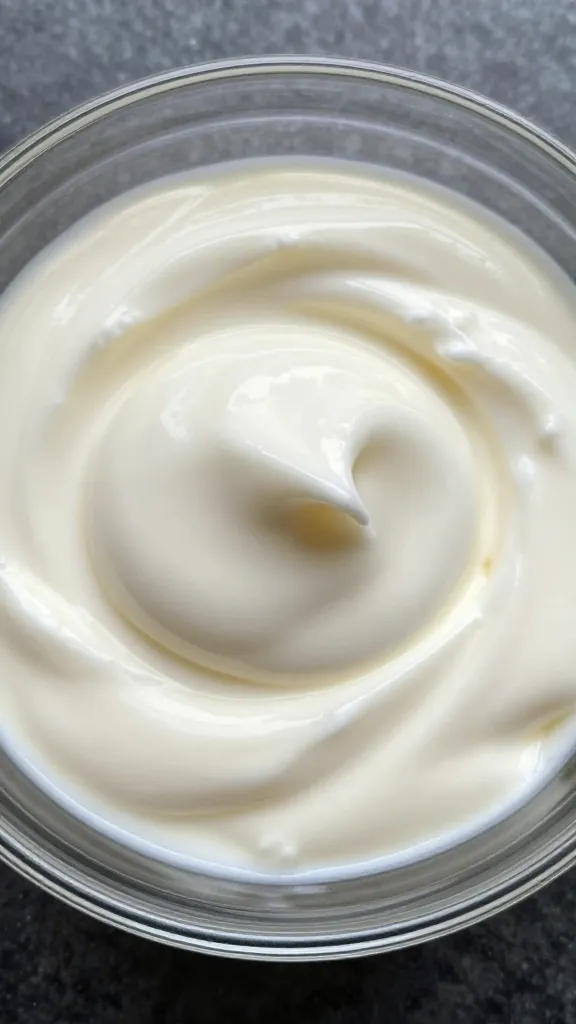 swirl of vanilla yogurt in glass bowl, overhead