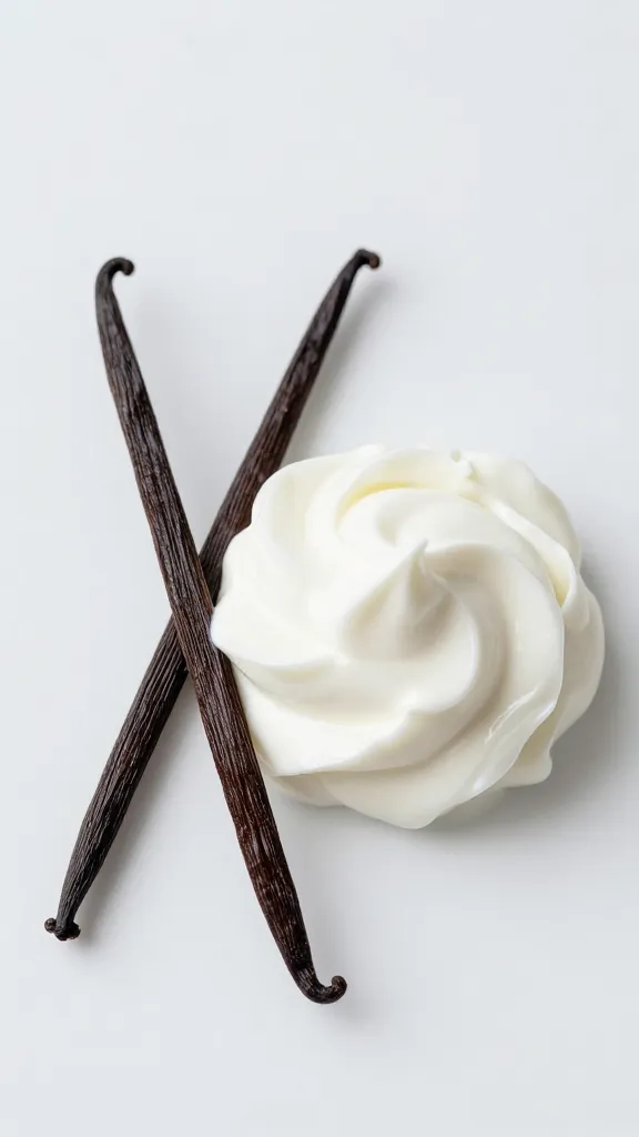 vanilla bean pod beside yogurt swirl, minimal backdrop