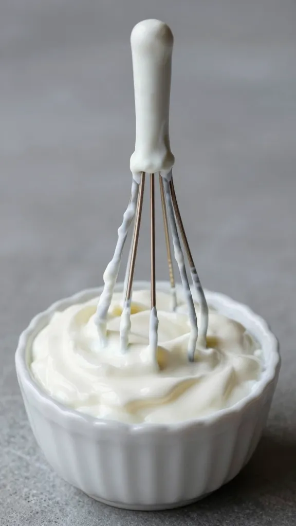 small whisk coated in yogurt dip, shallow depth