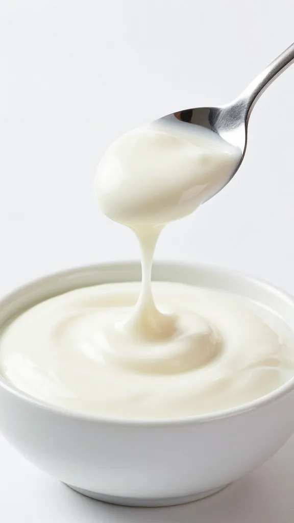 teaspoon of yogurt dip held above bowl, drip captured
