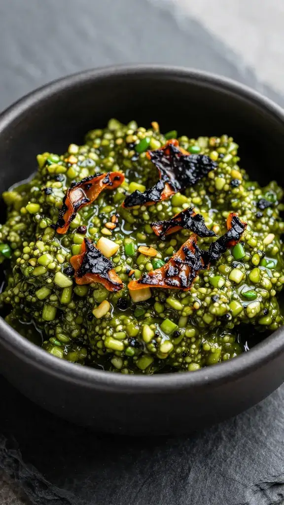 closeup bowl of charred scallion pesto on slate
