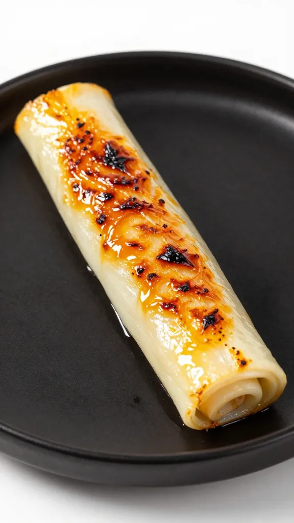 single grilled scallion with blistered tips on black plate