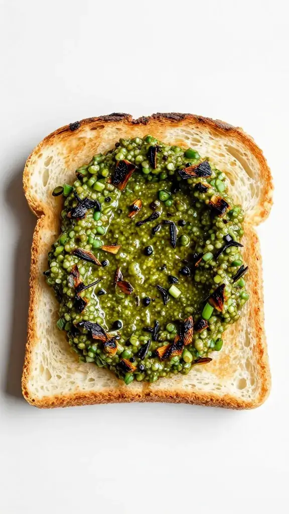toast slice topped with charred scallion pesto, overhead
