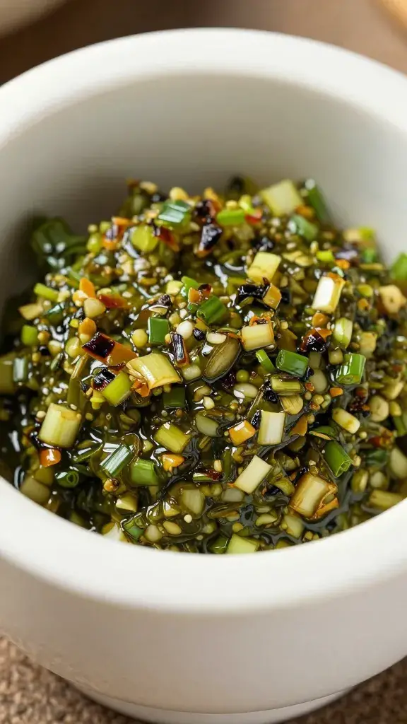 white mortar filled with charred scallion pesto, macro
