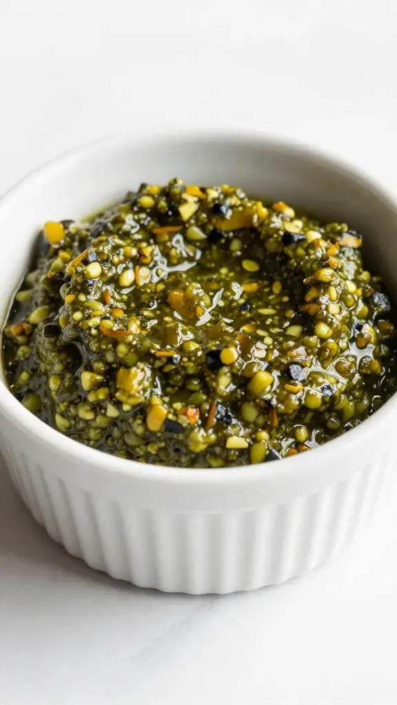 porcelain ramekin of smoky scallion pesto, top view