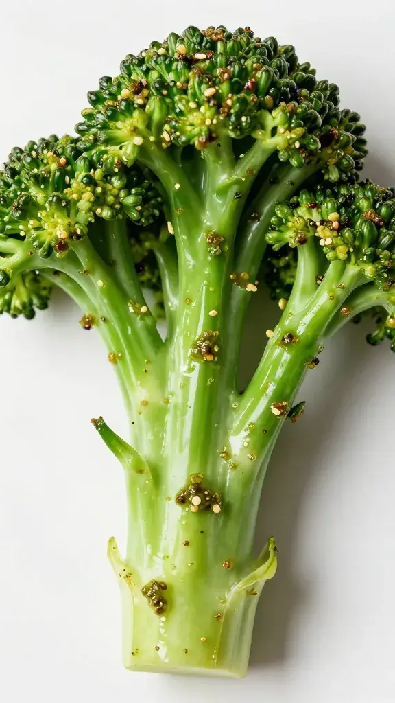 single broccolini floret glazed with pesto, closeup