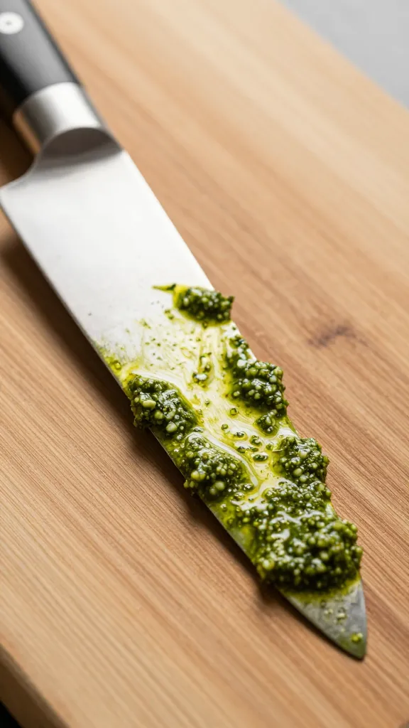 chef’s knife smeared with green pesto, wooden board