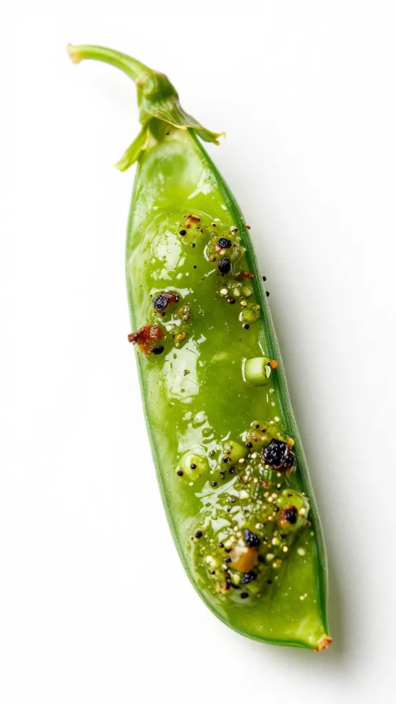 single snap pea half dipped in charred scallion pesto
