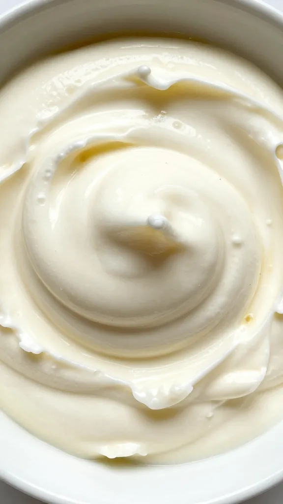 Closeup bowl of mascarpone and honey whip, glossy swirl