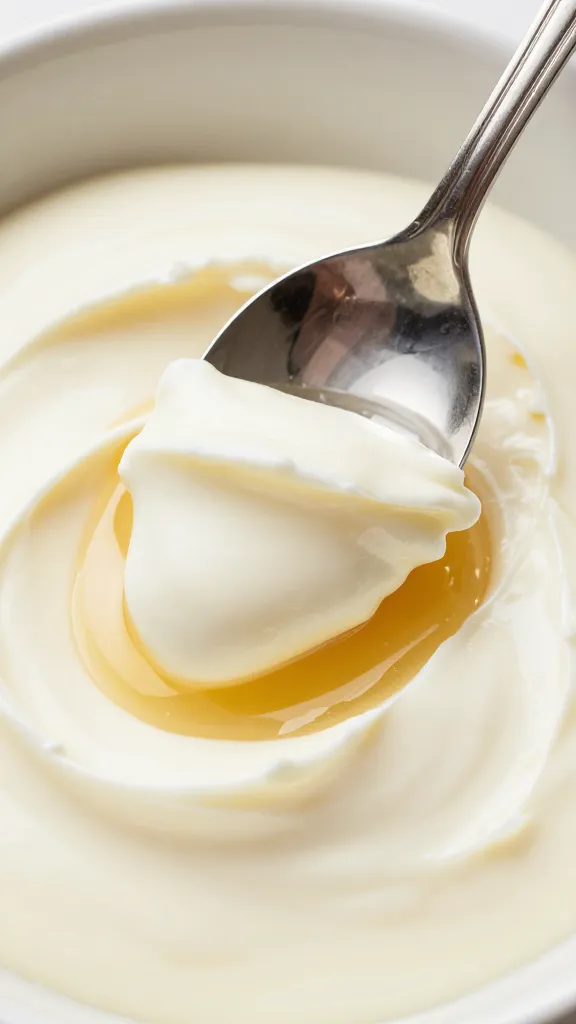 Silver spoon dipping into mascarpone-honey whip, macro