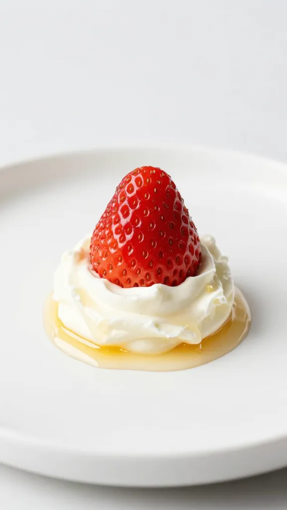 Single strawberry topped with mascarpone-honey whip, white plate