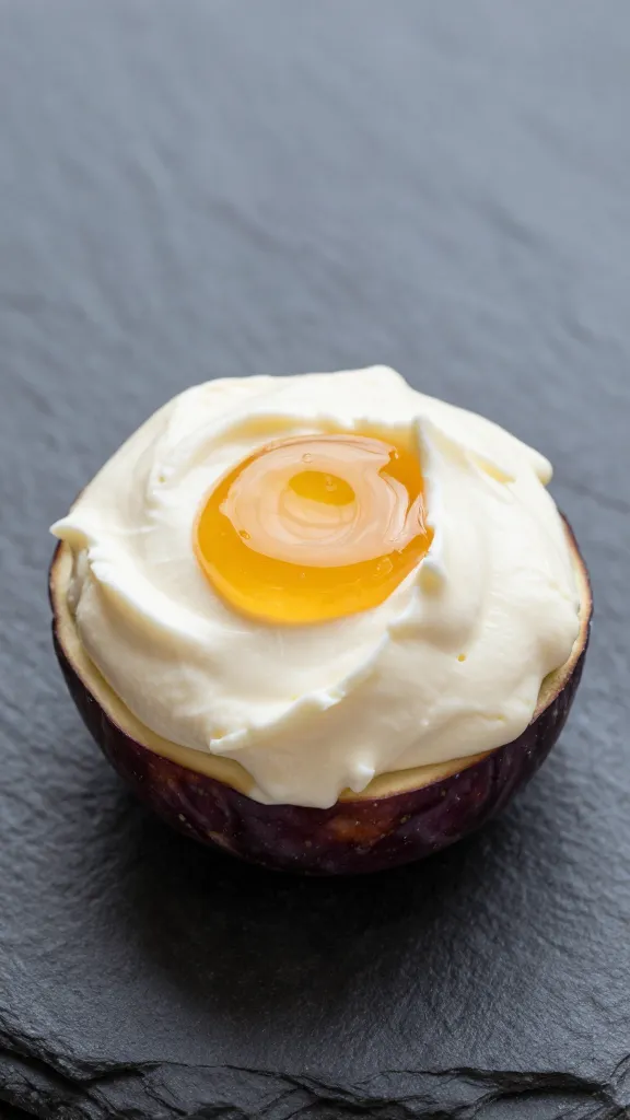 Fig half crowned with mascarpone-honey whip, slate background