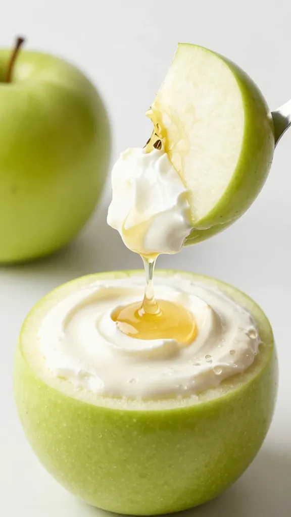 Green apple slice dipped in mascarpone-honey whip, drip detail
