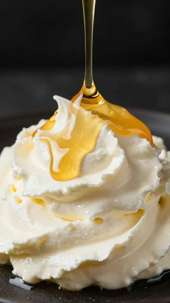 Golden honey drizzle over mascarpone whip, studio closeup