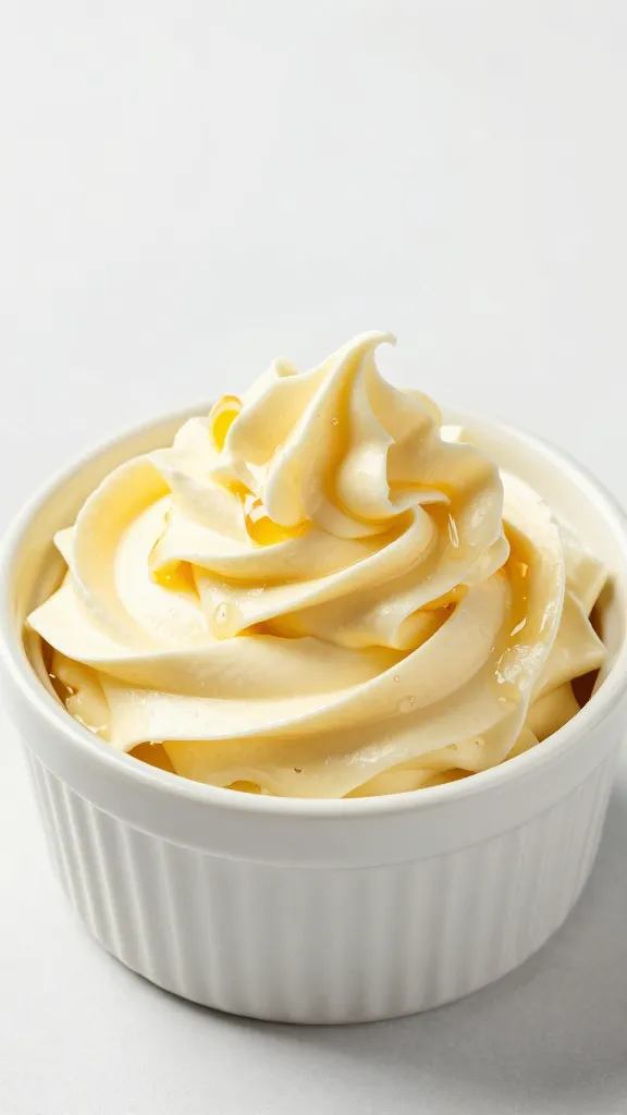 Ruffled swirl of mascarpone-honey whip in ceramic ramekin