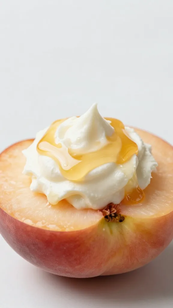 Single peach wedge with mascarpone-honey whip quenelle, closeup