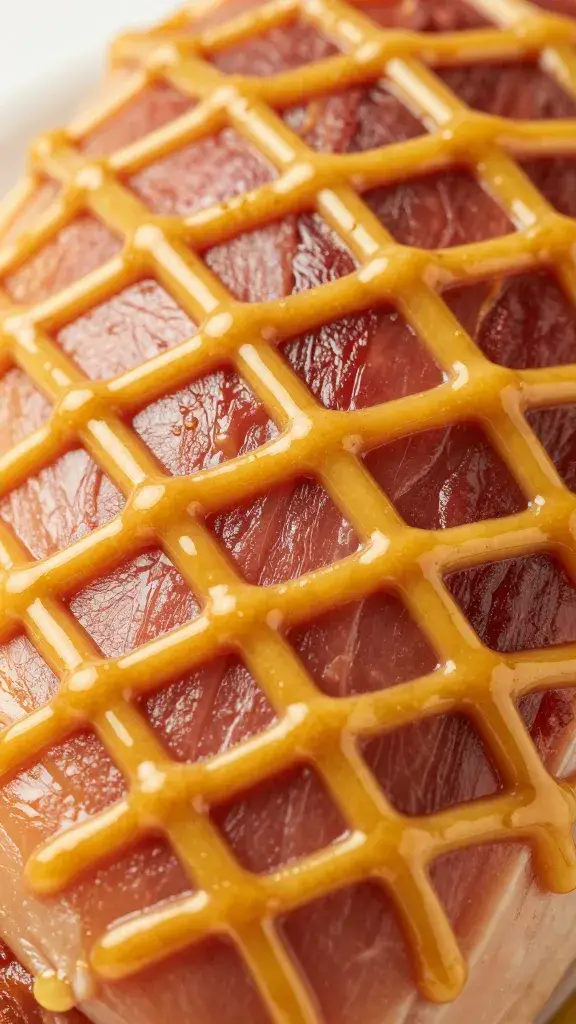 Closeup of apricot-mustard lattice glaze on ham surface