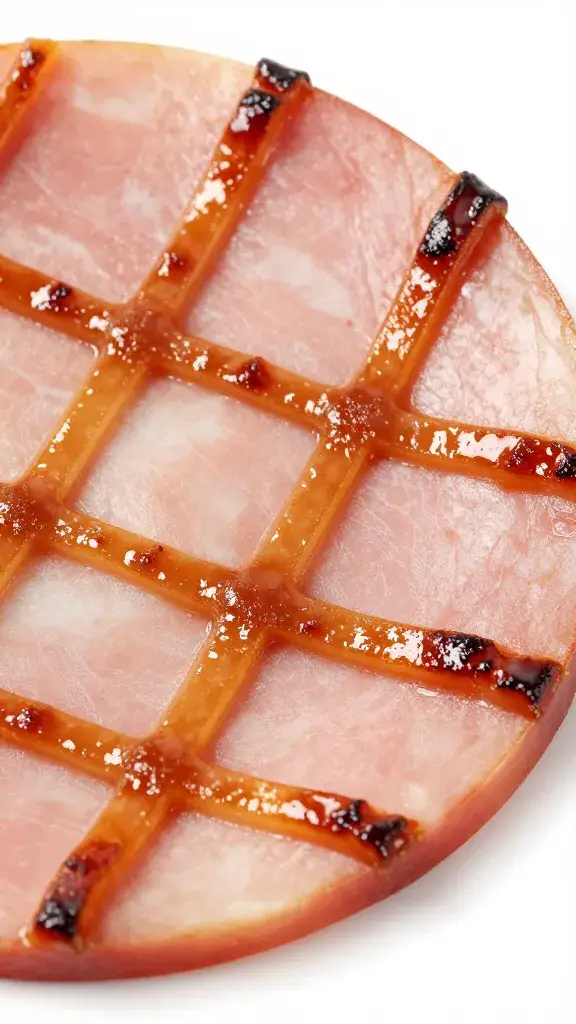 Single ham slice with caramelized lattice edges, macro