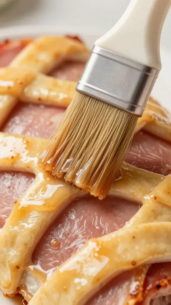 Pastry brush glazing ham lattice, extreme closeup