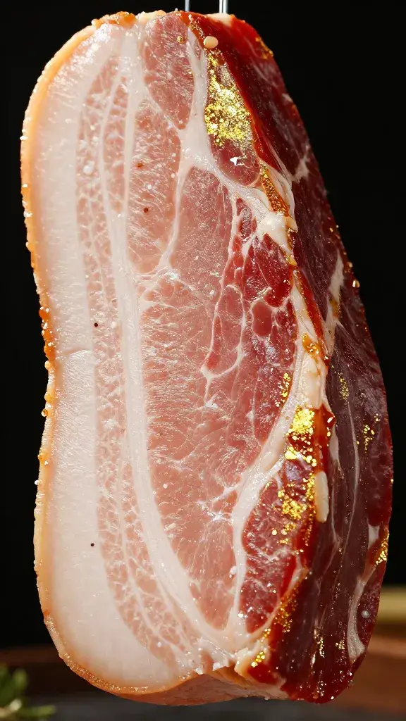 Golden blistered glaze on scored ham fat, macro