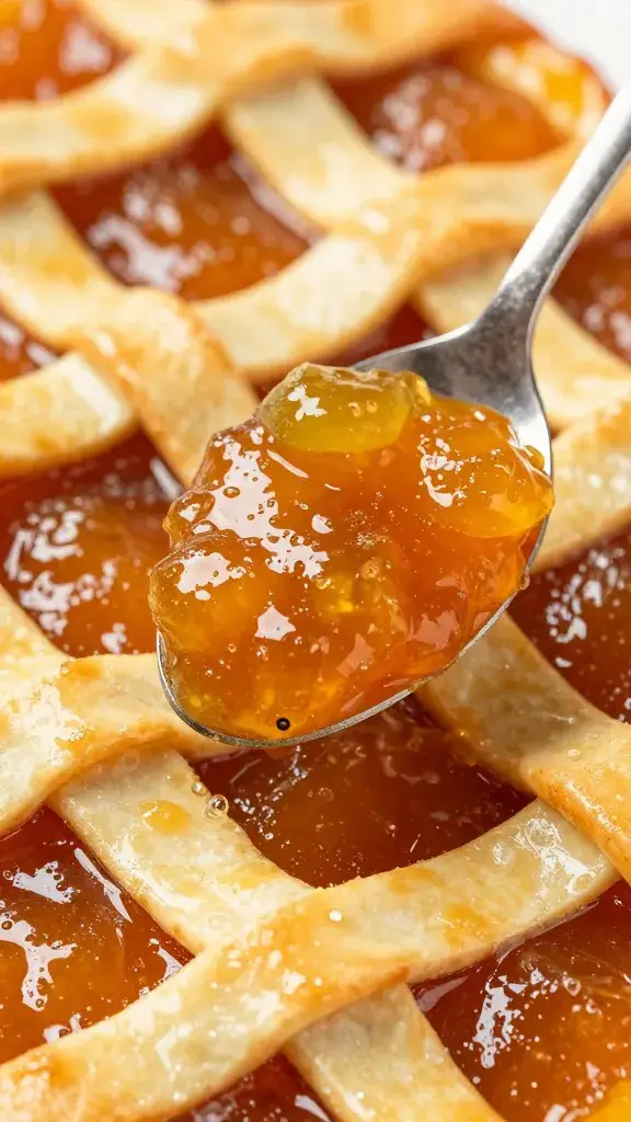 Apricot jam spooned onto hot ham lattice, closeup