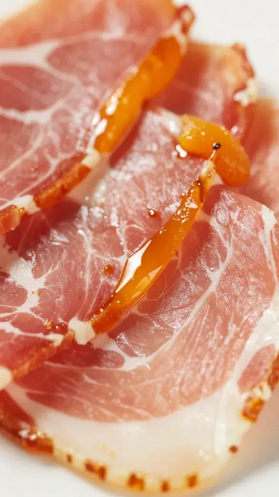 Dijon streaks threading apricot glaze on ham, macro