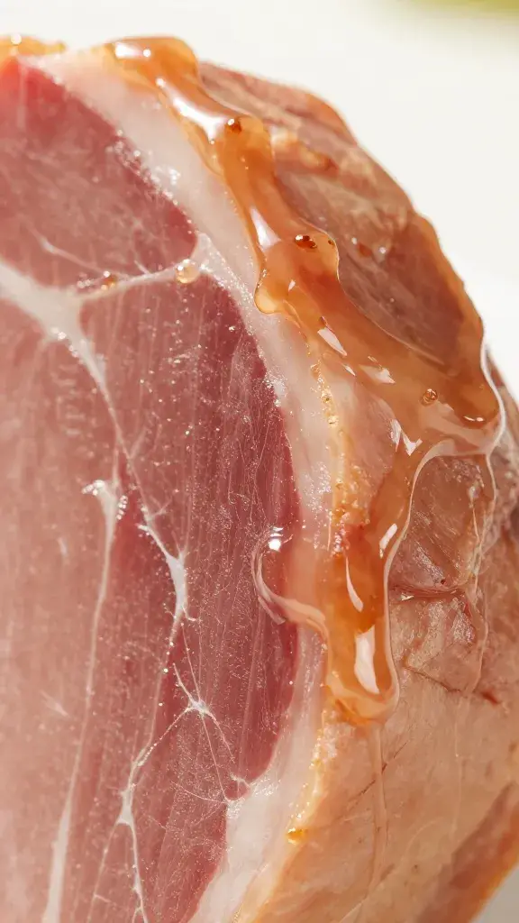 Sticky-sweet glaze drip along ham edge, macro
