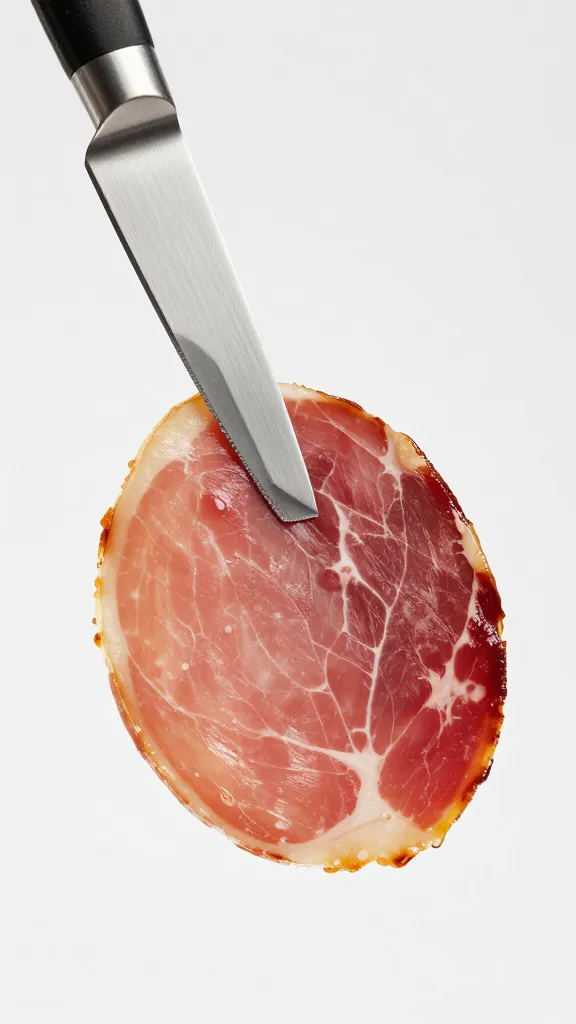 Single carving knife lifting glazed ham slice, macro