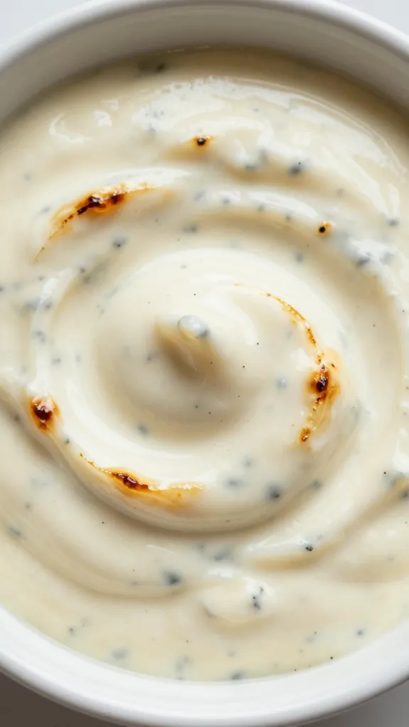 closeup bowl of roasted garlic and chive aioli