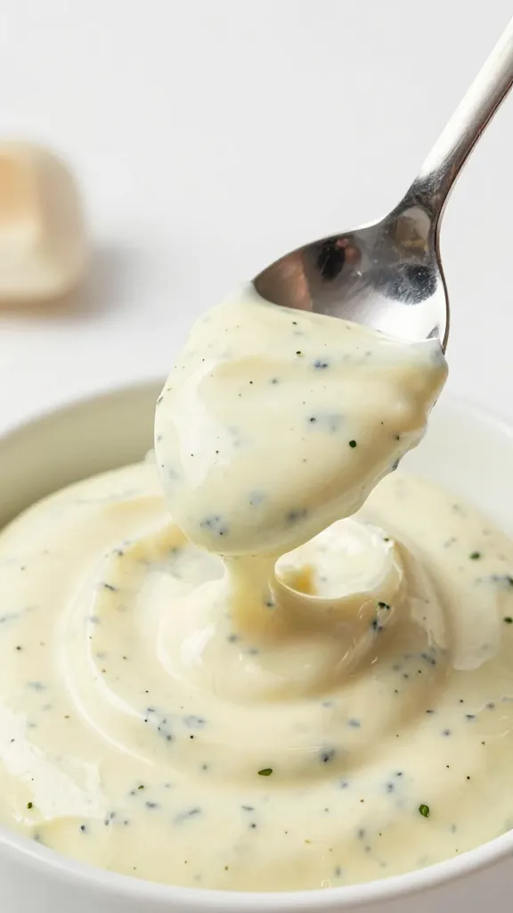 spoon dipped in chive-studded garlic aioli