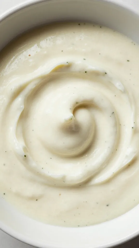 whisk coated in creamy garlic chive aioli