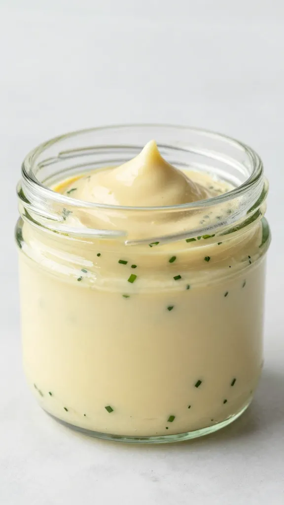 glass jar of aioli with chive flecks