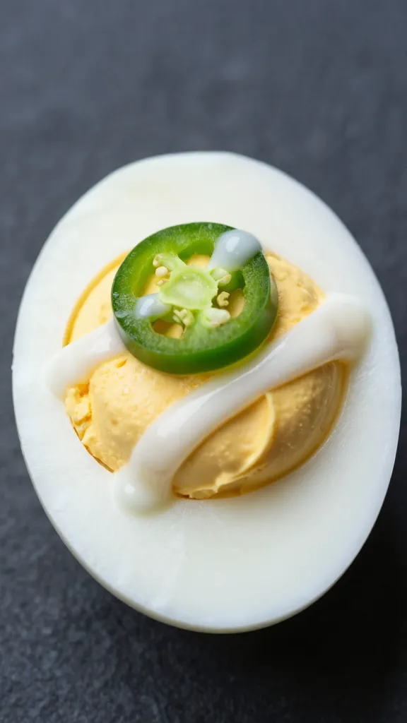 single deviled egg topped with jalapeño-lime drizzle