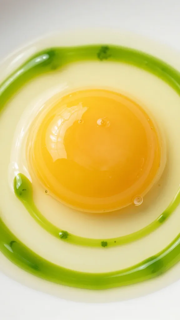 macro shot of cilantro-lime drizzle on egg yolk swirl