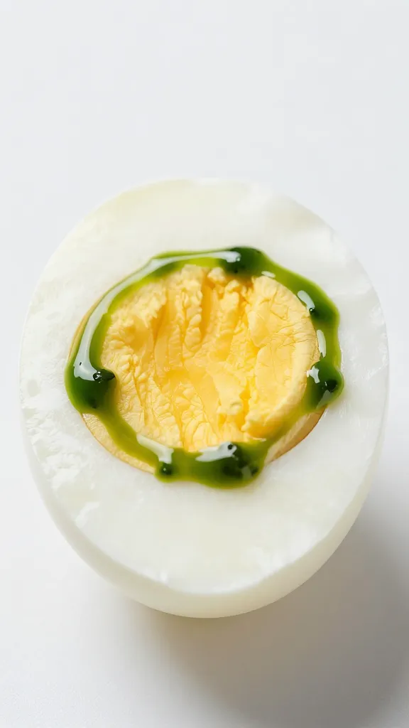 single halved egg with glossy green herb drizzle