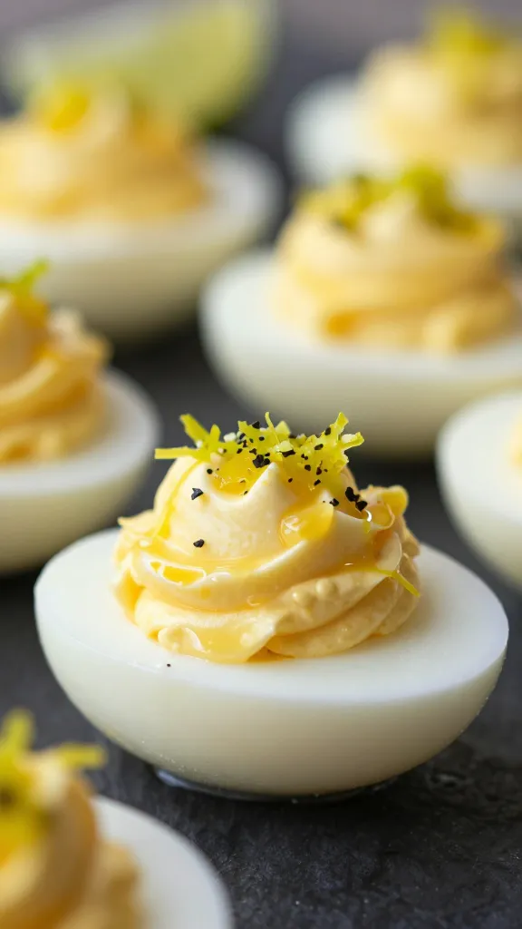 deviled egg crowned with lime zest and drizzle