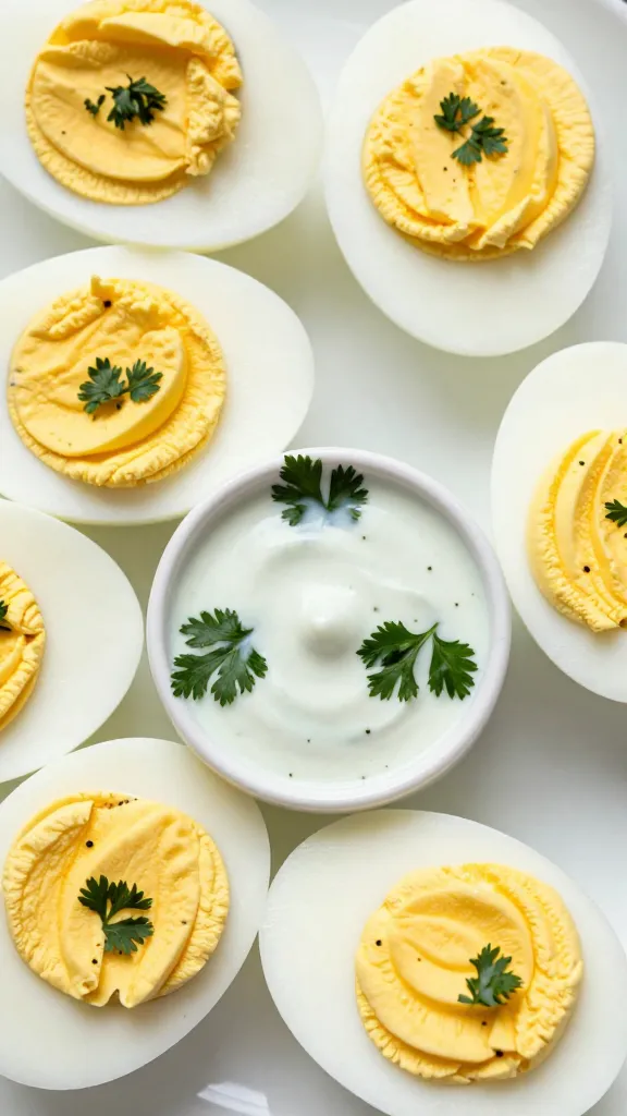 overhead deviled egg with silky cilantro sauce
