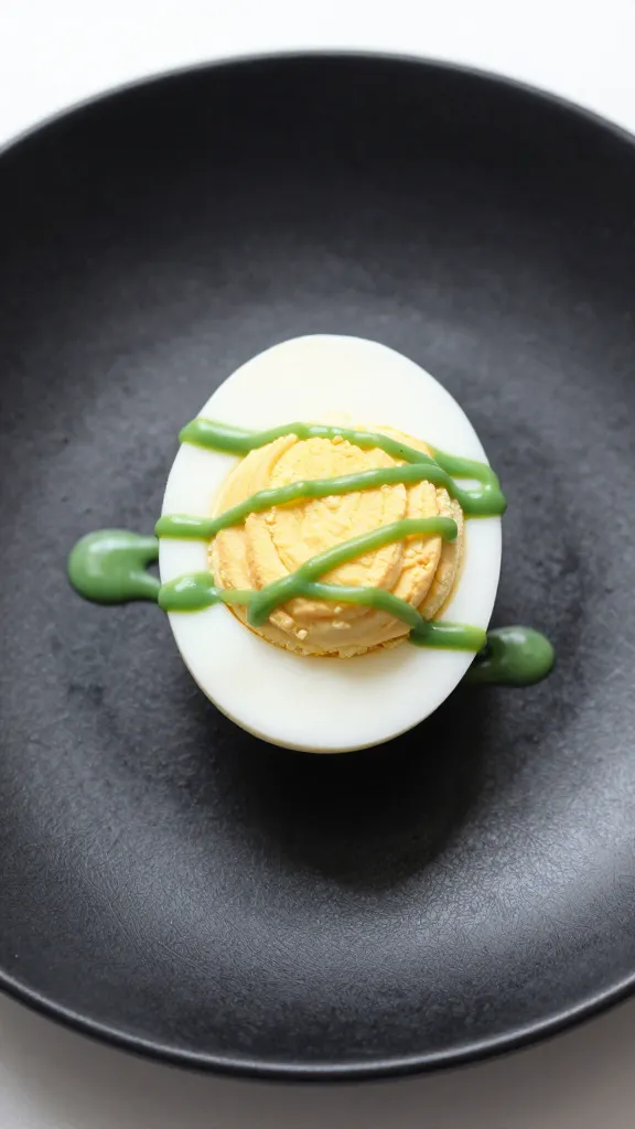 single deviled egg on matte black plate, green drizzle