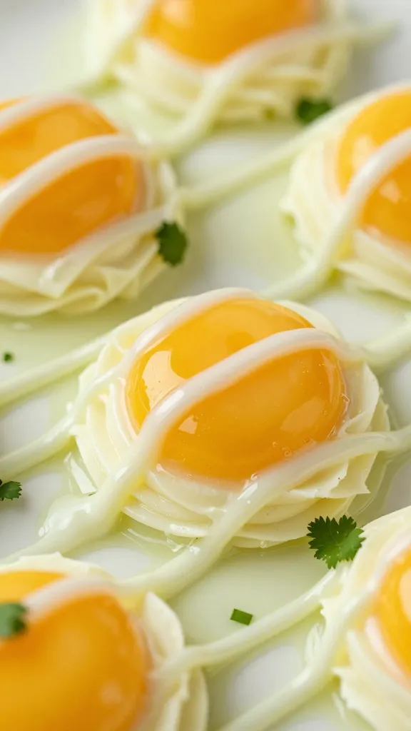 closeup yolk filling piped, cilantro-lime sauce ribboned