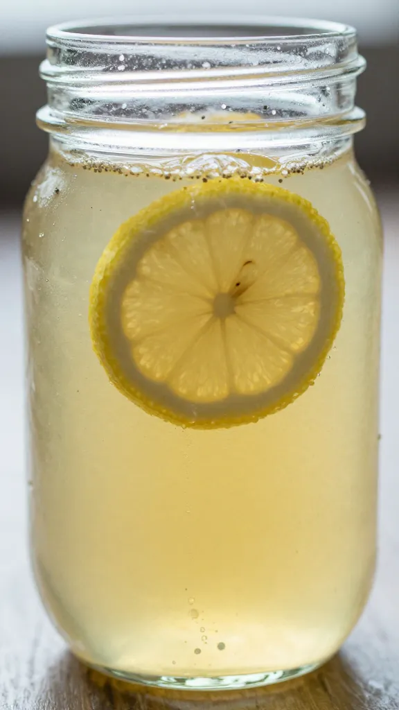 closeup mason jar of lemon-poppy seed syrup, backlit