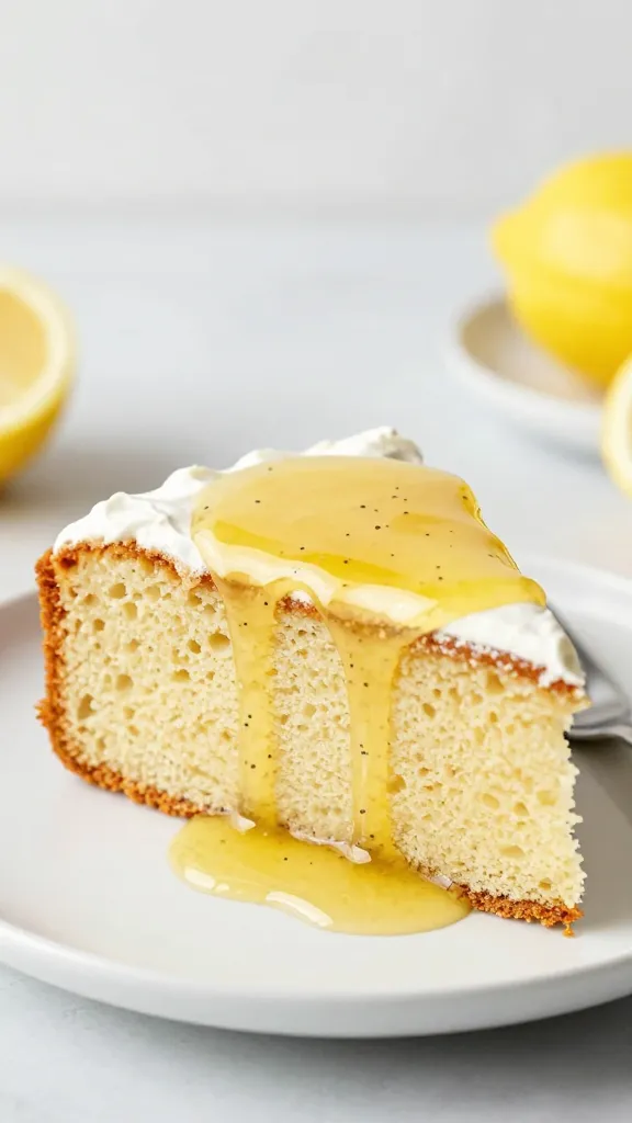 slice of pound cake being soaked with lemon-poppy syrup