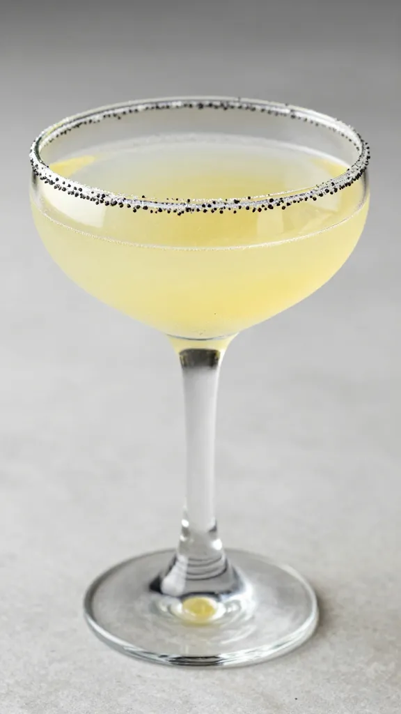 coupe glass cocktail with lemon-poppy seed syrup rim