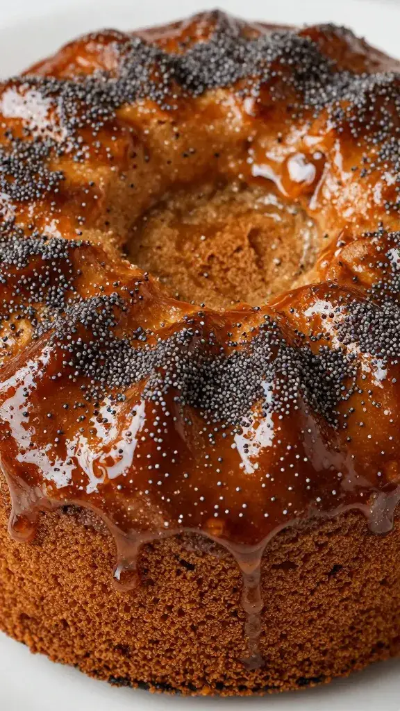 glossy cake top speckled with poppy seeds, syrup sheen