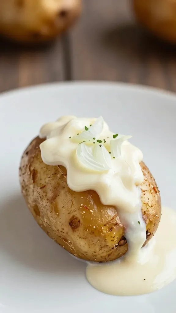 single roasted baby potato dipped in onion fondue