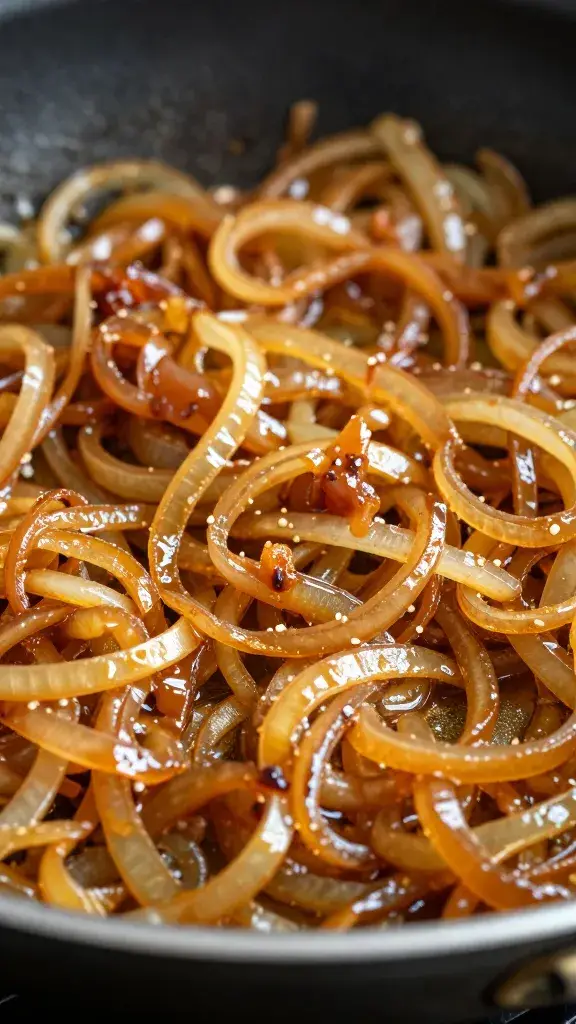 caramelized onions glistening in buttered skillet, macro shot
